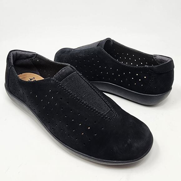 Clarks Shoes - Clarks Slip-on Comfort Shoes Women 7M Medora Gemma Black Nubuck Leather Cushion